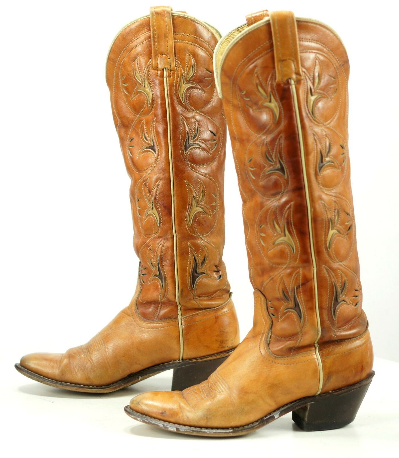 Acme Women's Vintage Knee High Tall Flower Inlay Cowboy Boots Boho ...
