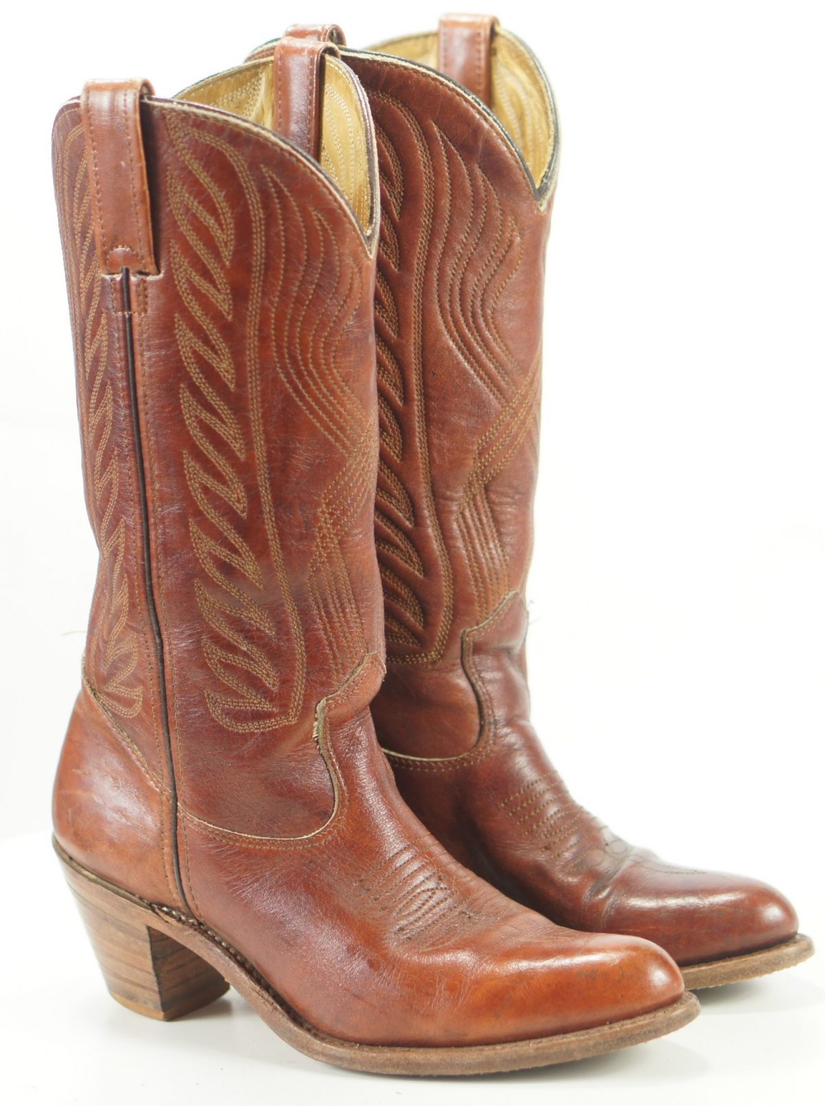 Women's Vintage Brown Leather Western Cowboy Boho Boots High Heel 7.5 M ...