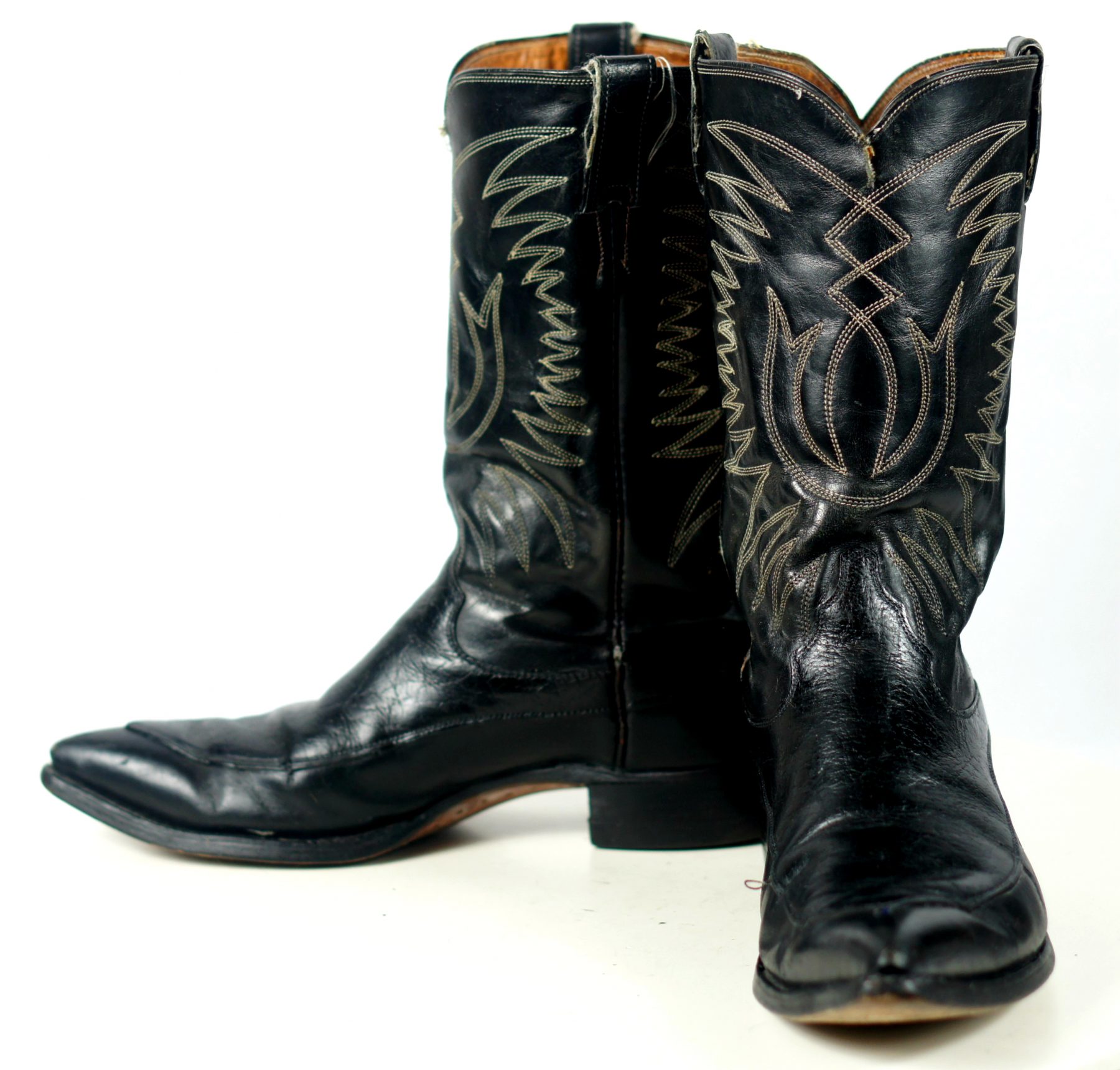 Justin Ft Worth Black Cowboy Boots Pointy Toe Vintage 70s US Made Men's 11.5 D | oldrebelboots