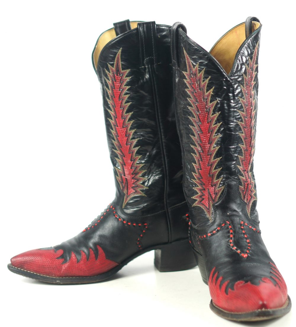 Tony Lama Firewalker Cowboy Western Boots Red & Black Inlay Vintage 80s ...