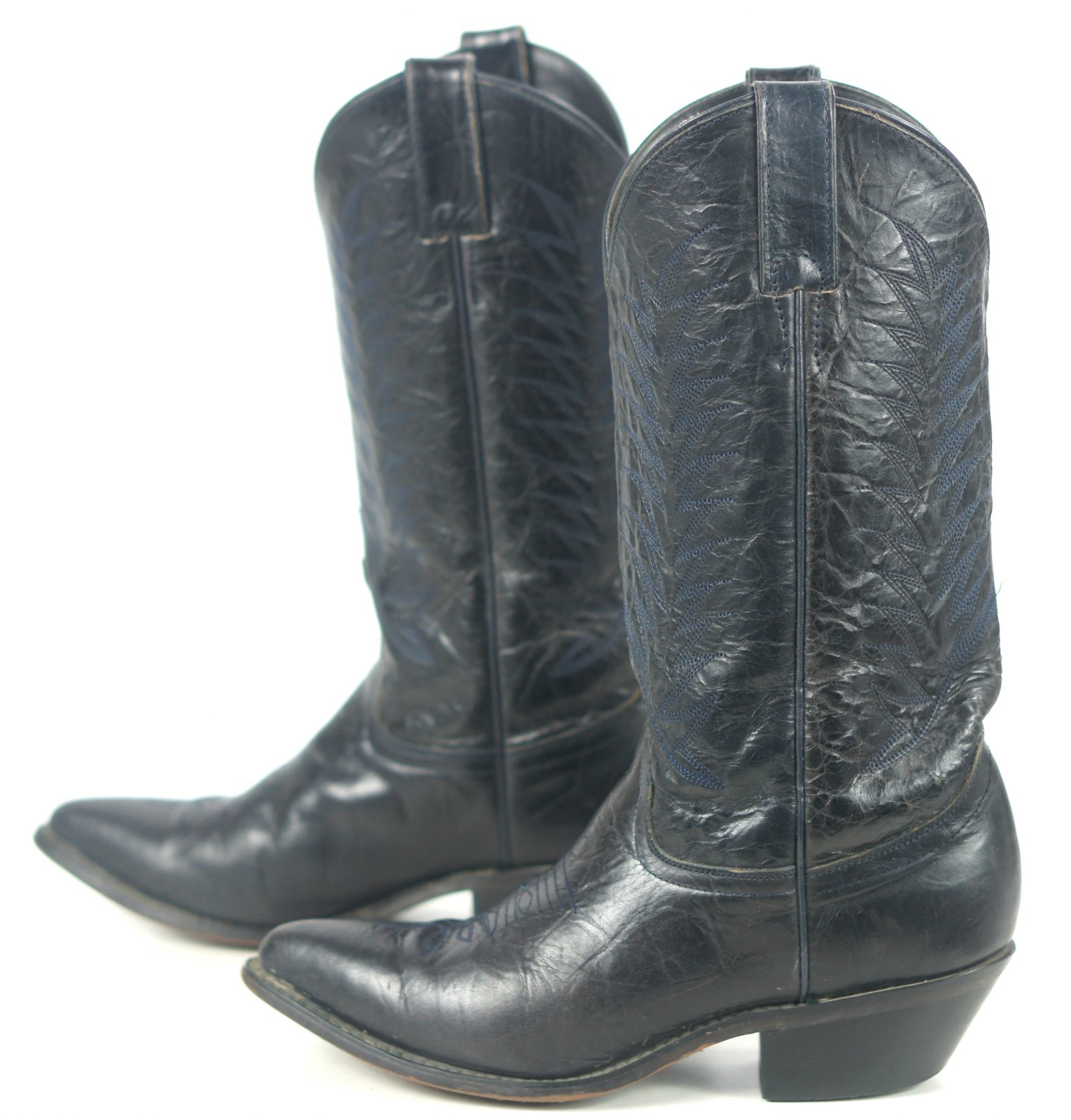 Diamond J Black Leather Cowboy Western Riding Boots Blue Stitch Women's ...