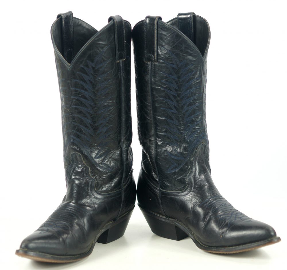 Diamond J Black Leather Cowboy Western Riding Boots Blue Stitch Women's ...