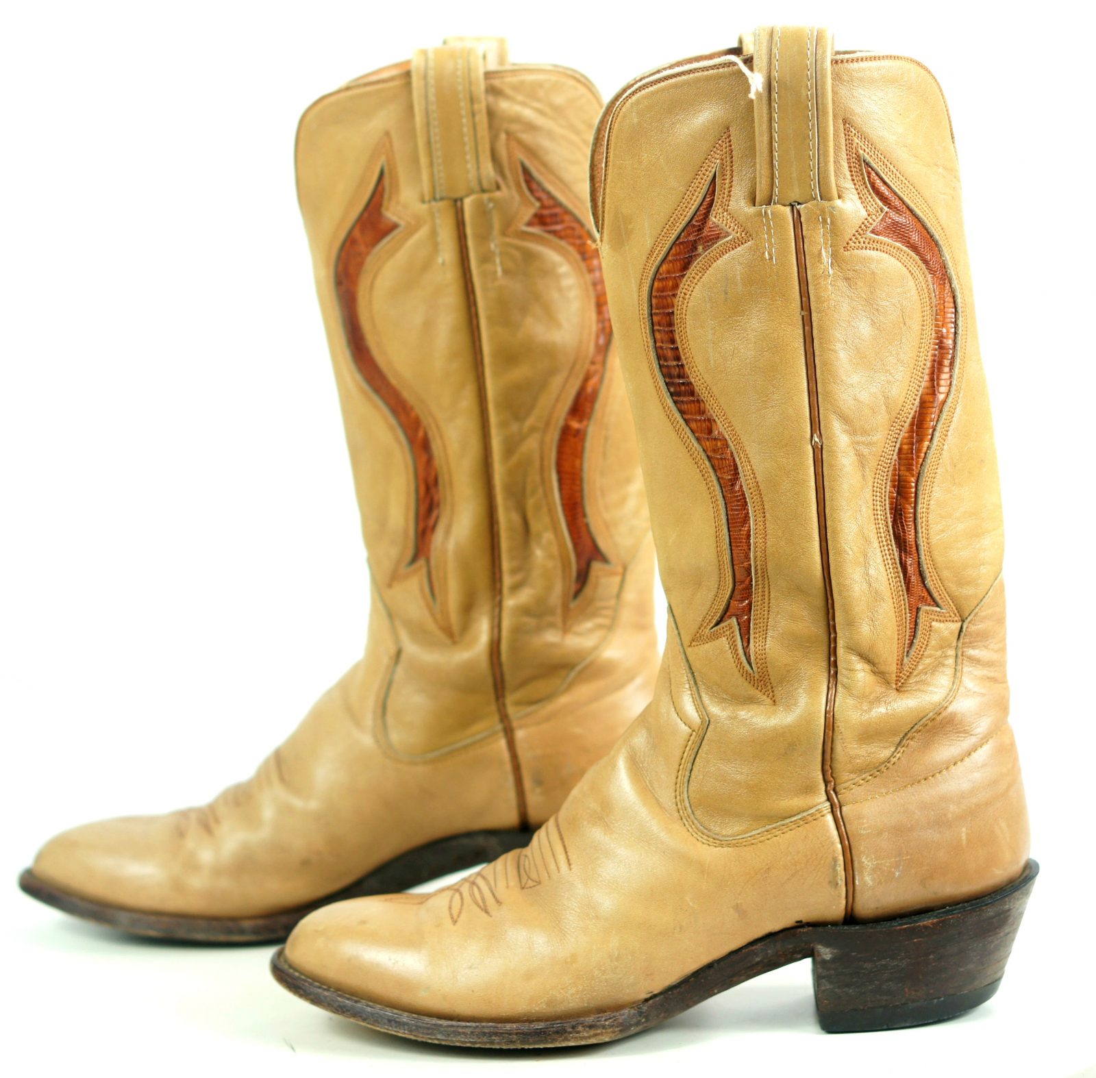 Sanders Golden Tan Leather Vintage Cowboy Western Boots Exotic Inlays ...