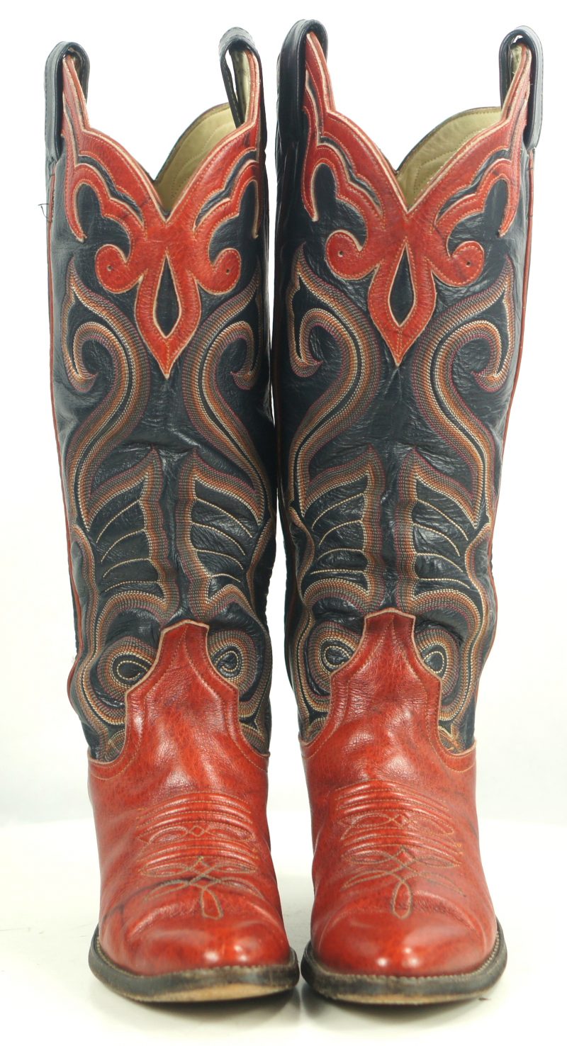 Larry Mahan Red Black 16" Tall Cowboy Boots 10 Row Vintage US Made ...