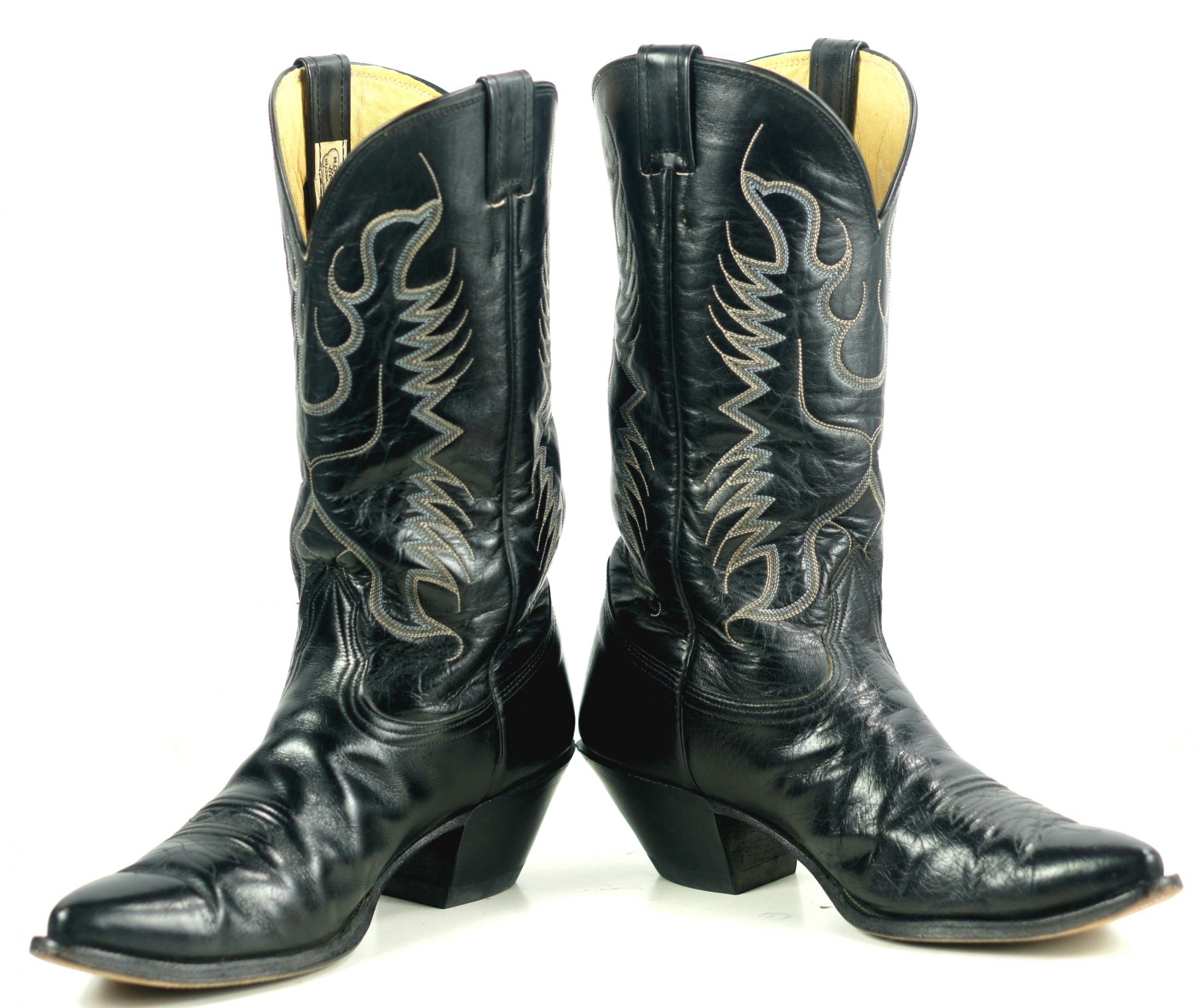 Nocona Black Leather Pointy Toe Cowboy Western Boots Vintage US Made