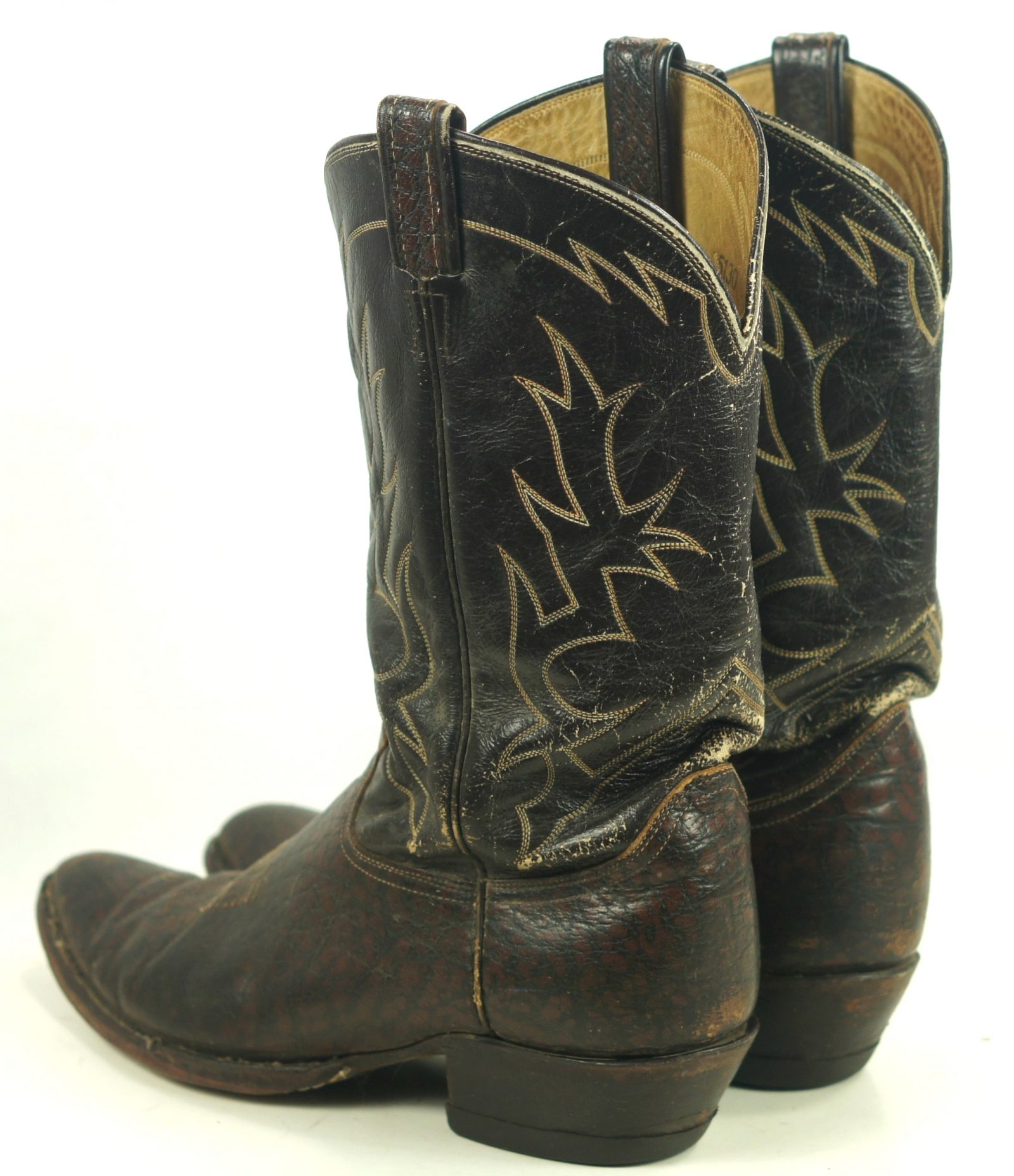 Tony Lama Cowboy Boots Peanut Brittle Vintage 70s Black Label Usa Made 