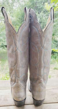 Vintage Hondo Pale Gray Leather Knee High Cowboy Boots Blue Stitch Women